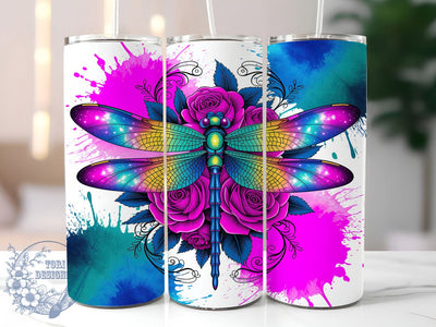 Boho Dragonfly Floral Tumbler, Rose Color Pattern, Boho Bloom Design, 20Oz Sublimation Wrap, Artistic Nature Art, Elegant Flower Texture, Tumbler Sublimation Sublimation ToriDesigns 