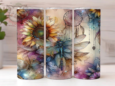 Boho Dragonfly Sunflower 20oz Tumbler, Dragonfly Design, Sunflower Theme, Floral Print, Nature Lover, 20oz Sublimation, PNG Design Sublimation Lara' s Designs 