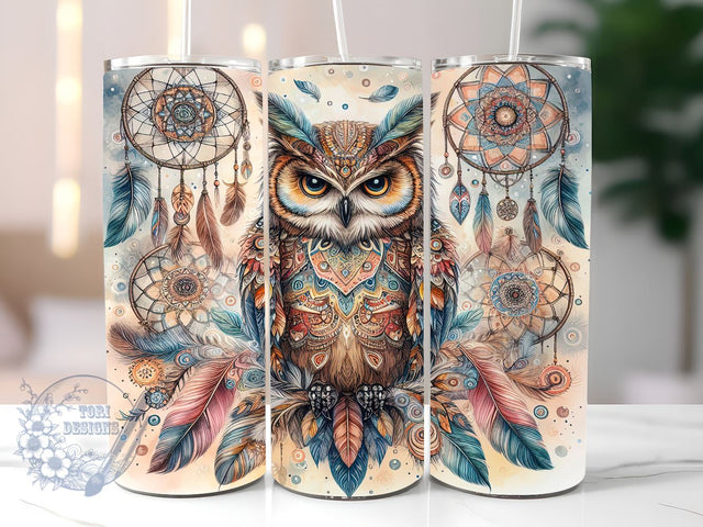 Boho Dream Catcher With Owl 20oz Skinny Tumbler, Boho Owl Tumbler Png, Straight & Tapered Tumbler Wrap, Instant Digital Download Sublimation ToriDesigns 