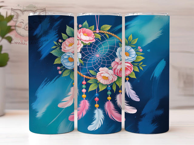 Boho Dreamcatcher 20oz Tumbler, Pink Blue Watercolor Design, Bohemian Botanical Sublimation, 20oz Tumbler PNG Wrap, Floral Cup Wrap, Artistic Sublimation Design, Digital Boho Dreamcatcher Wrap Sublimation Lara' s Designs 