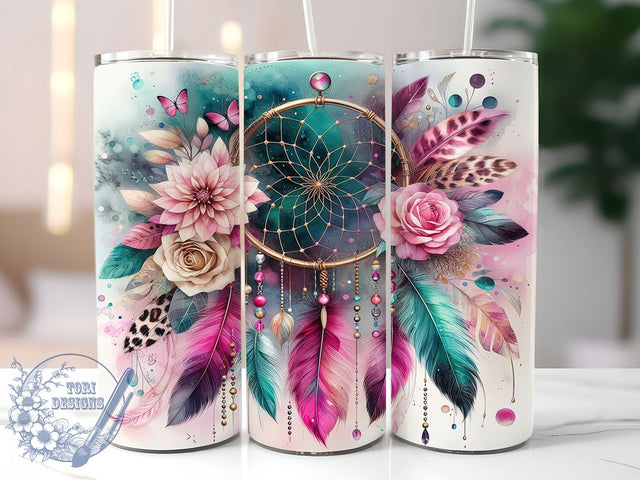Boho Dreamcatcher Butterfly Tumbler, Dreamcatcher Tumbler, Pink Butterfly Tumbler, Floral Tumbler, 20oz Tumbler Wrap, Sublimation Design, Custom Boho Tumbler Sublimation ToriDesigns 