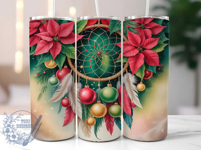 Boho Dreamcatcher Christmas Tumbler, Dreamcatcher Wrap, Floral Holiday Design, Sublimation Cup, 20oz Skinny Tumbler, Bohemian Drinkware, Winter Floral Style Sublimation ToriDesigns 