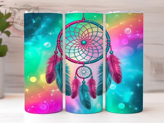 Boho Dreamcatcher Feather Tumbler, Rainbow Feathers, Boho Tumbler, Turquoise Ombre, Pink Glitter Design, Bohemian Sublimation, Feather Tumbler Wrap Sublimation Lara' s Designs 