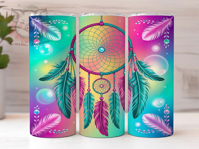 Boho Dreamcatcher Feather Tumbler, Rainbow Feathers, Boho Tumbler, Turquoise Ombre, Pink Glitter Design, Bohemian Sublimation, Feather Tumbler Wrap Sublimation Lara' s Designs 