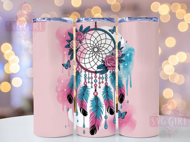 Boho Dreamcatcher Pink Butterfly Tumbler, Pink Butterfly Cup, 20Oz Tumbler Wrap, Sublimation Boho Design, Floral Bohemian Drinkware, Pastel Butterfly Mug Wrap, Hippie Dreamcatcher Tumbler Sublimation SvggirlplusArt 
