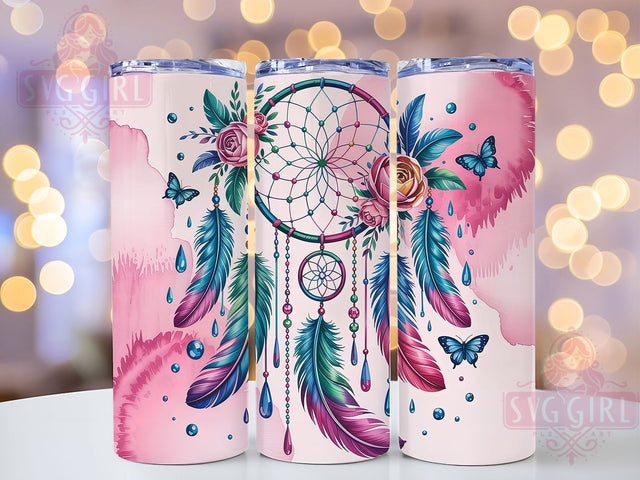 Boho Dreamcatcher Pink Butterfly Tumbler, Pink Butterfly Cup, 20Oz Tumbler Wrap, Sublimation Boho Design, Floral Bohemian Drinkware, Pastel Butterfly Mug Wrap, Hippie Dreamcatcher Tumbler Sublimation SvggirlplusArt 
