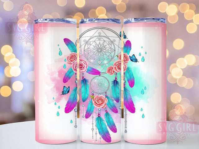 Boho Dreamcatcher Pink Butterfly Tumbler, Pink Butterfly Cup, 20Oz Tumbler Wrap, Sublimation Boho Design, Floral Bohemian Drinkware, Pastel Butterfly Mug Wrap, Hippie Dreamcatcher Tumbler Sublimation SvggirlplusArt 