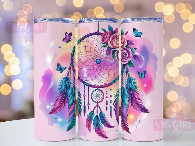 Boho Dreamcatcher Pink Butterfly Tumbler, Pink Butterfly Cup, Floral Bohemian Wrap, 20Oz Sublimation Design, Hippie Chic Drinkware, Rustic Boho Tumbler, Pastel Flower Cup Sublimation SvggirlplusArt 