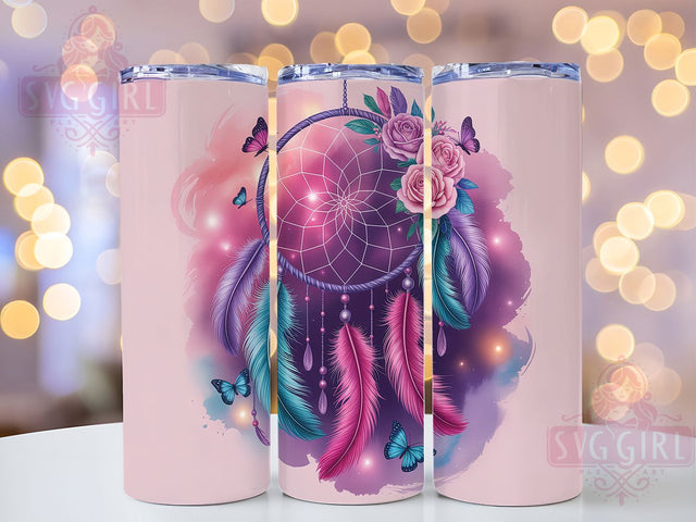 Boho Dreamcatcher Pink Butterfly Tumbler, Pink Butterfly Cup, Floral Bohemian Wrap, 20Oz Sublimation Design, Hippie Chic Drinkware, Rustic Boho Tumbler, Pastel Flower Cup Sublimation SvggirlplusArt 