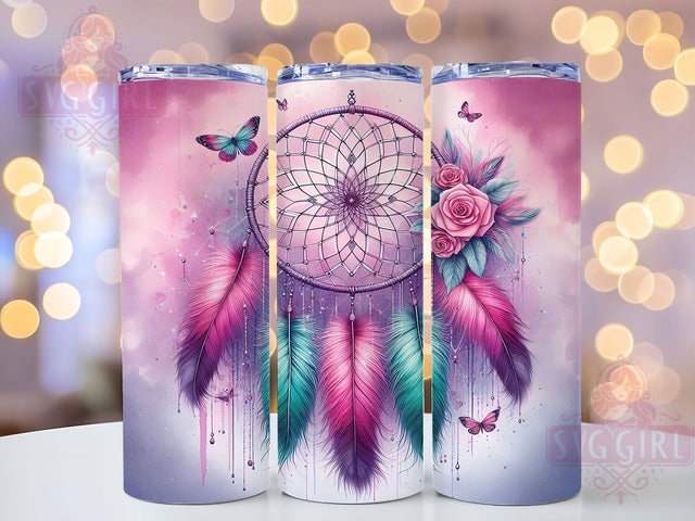 Boho Dreamcatcher Pink Butterfly Tumbler, Pink Butterfly Cup, Floral Bohemian Wrap, 20Oz Sublimation Design, Hippie Chic Drinkware, Rustic Boho Tumbler, Pastel Flower Cup Sublimation SvggirlplusArt 