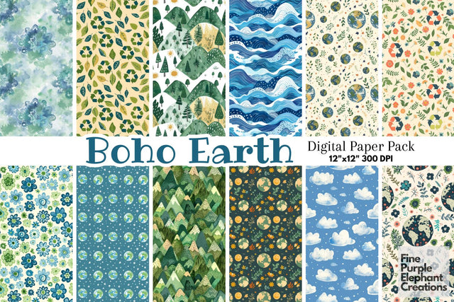 Boho Earth Day Pattern Paper | Green Blue Planet Digital Pattern Fine Purple Elephant Creations 