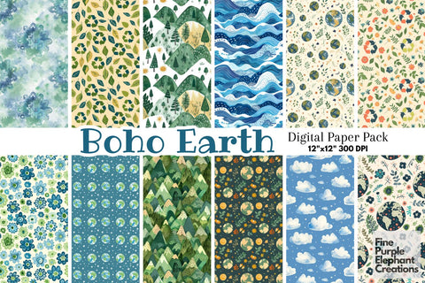 Boho Earth Day Pattern Paper | Green Blue Planet Digital Pattern Fine Purple Elephant Creations 