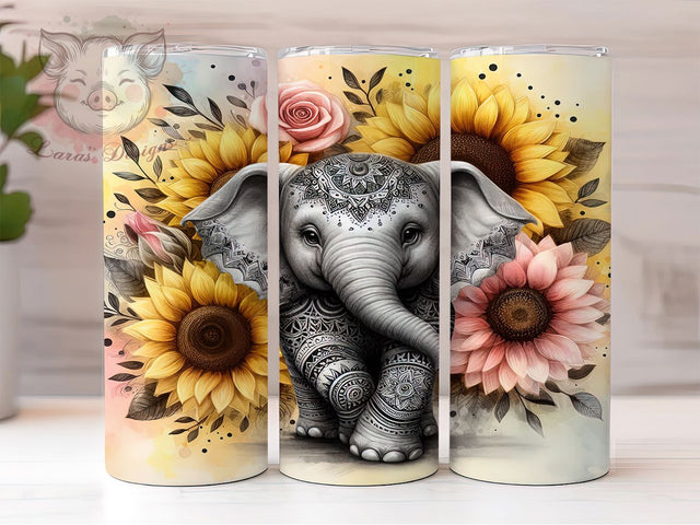 Boho Elephant Mandala Exotic Tumbler, Floral Mandala, Animal Tumbler, Exotic Wrap, Spiritual Design, Sublimation Cup, 20Oz Tumbler Sublimation Lara' s Designs 