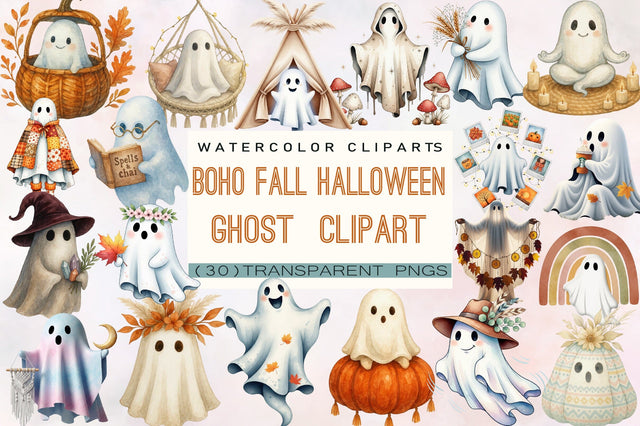 Boho Fall Halloween Ghost Clipart Bundle. Sublimation SVGArt 