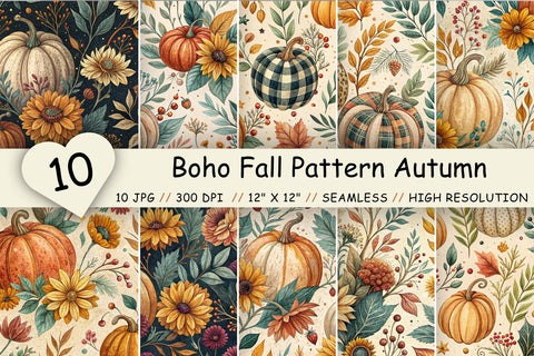 Boho Fall Pattern Autumn Digital Paper, Seamless Watercolor Bundle Pack, Printable Scrapbook Paper, Floral Pumpkin Design Collection Digital Pattern FloridPrintables 