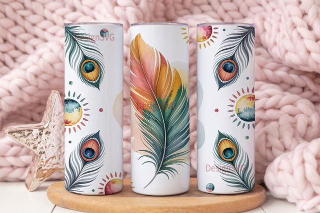 Boho Feather Watercolor 20oz Tumbler Sublimation DesignSVG 