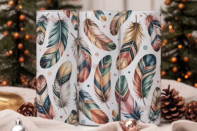 Boho Feather Watercolor Tumbler Wrap Sublimation DesignSVG 