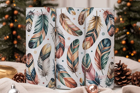 Boho Feather Watercolor Tumbler Wrap Sublimation DesignSVG 