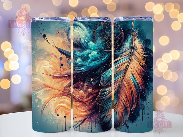 Boho Feathers 20 oz Skinny Tumbler Sublimation Design Digital Download PNG Instant, Aesthetic Dreamcatcher Feather Tumbler PNG Sublimation SvggirlplusArt 
