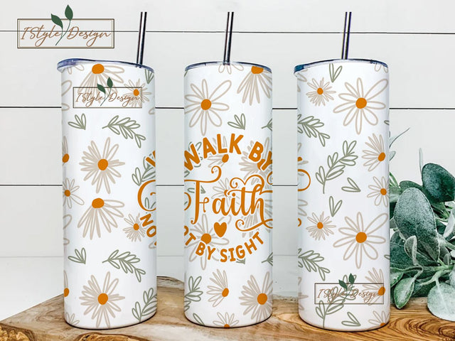 Boho Floral 20 oz Skinny Sublimation Tumbler Design, Christian Tumbler PNG, Walk by Faith Tumbler Wrap, Floral Seamless Tumbler Template Sublimation iStyleDesign 