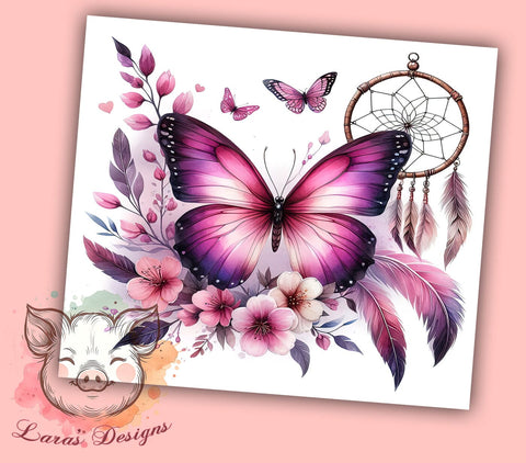 Boho Floral Butterfly 20 oz Skinny Tumbler Sublimation Design, Straight & Tapered Tumbler Png, Dreamcatcher Tumbler Png, Digital Download PNG Sublimation Lara' s Designs 