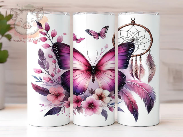 Boho Floral Butterfly 20 oz Skinny Tumbler Sublimation Design, Straight & Tapered Tumbler Png, Dreamcatcher Tumbler Png, Digital Download PNG Sublimation Lara' s Designs 