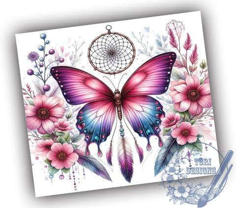Boho Floral Butterfly 20oz Skinny Tumbler PNG, Dreamcatcher Tumbler Sublimation Wrap, Straight & Tapered Tumbler Wrap, Instant Digital Download Sublimation ToriDesigns 