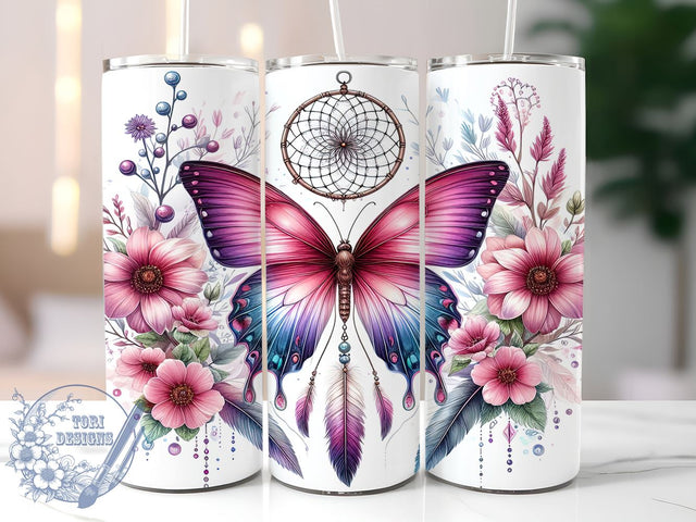 Boho Floral Butterfly 20oz Skinny Tumbler PNG, Dreamcatcher Tumbler Sublimation Wrap, Straight & Tapered Tumbler Wrap, Instant Digital Download Sublimation ToriDesigns 