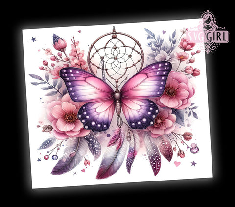 Boho Floral Butterfly 20oz Tumbler Wrap Sublimation Design, Straight Tapered Tumbler Wrap, Dreamcatcher Butterfly Tumbler Png, Instant Digital Download Sublimation SvggirlplusArt 
