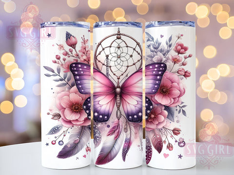 Boho Floral Butterfly 20oz Tumbler Wrap Sublimation Design, Straight Tapered Tumbler Wrap, Dreamcatcher Butterfly Tumbler Png, Instant Digital Download Sublimation SvggirlplusArt 