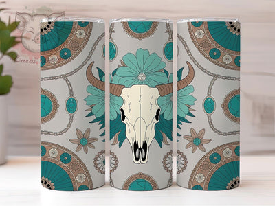 Boho Floral Cow Skull Tumbler, Floral Seamless Tumbler, Western Themed 20oz Wrap, Sublimation Design, Stylish Gift Idea, Rustic Cow Skull Wrap, Country Western Tumbler Sublimation Lara' s Designs 