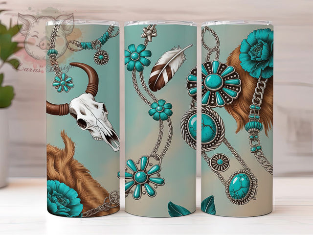 Boho Floral Cow Skull Tumbler, Floral Seamless Tumbler, Western Themed 20oz Wrap, Sublimation Design, Stylish Gift Idea, Rustic Cow Skull Wrap, Country Western Tumbler Sublimation Lara' s Designs 