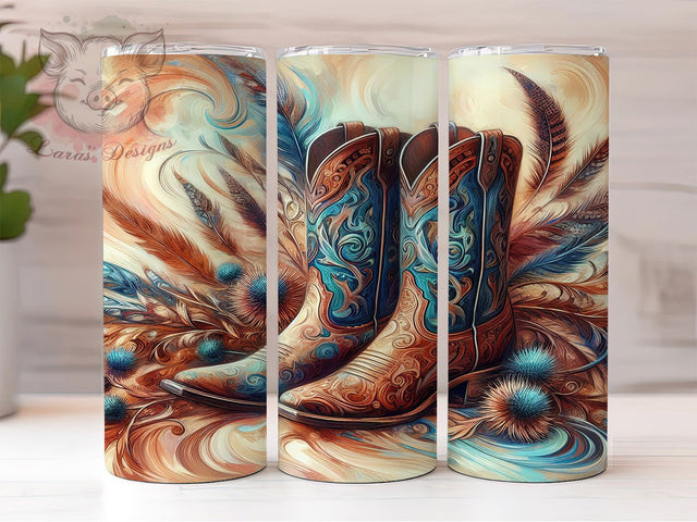 Boho Floral Cowgirl Boots Tumbler, Floral Boho Design, Western Style, Rustic Fashion, Country Chic, Rodeo Theme, Tumbler Wrap, Sublimation Design, 20oz Tumbler, Bohemian Artwork Sublimation Lara' s Designs 