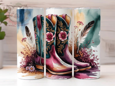 Boho Floral Cowgirl Boots Tumbler, Floral Boho Design, Western Style, Rustic Fashion, Country Chic, Rodeo Theme, Tumbler Wrap, Sublimation Design, 20oz Tumbler, Bohemian Artwork Sublimation Lara' s Designs 