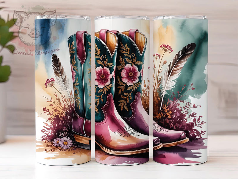 Boho Floral Cowgirl Boots Tumbler, Floral Boho Design, Western Style, Rustic Fashion, Country Chic, Rodeo Theme, Tumbler Wrap, Sublimation Design, 20oz Tumbler, Bohemian Artwork Sublimation Lara' s Designs 