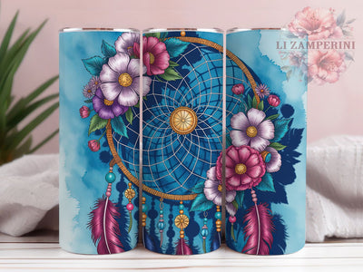 Boho Floral Dreamcatcher Hippie Tumbler, Floral Bohemian Wrap, 20Oz Skinny Tumbler, Dreamcatcher Sublimation Design, Boho Chic Drinkware, Feather Flower Tumbler, Hippie Style Wrap Sublimation Li Zamperini 