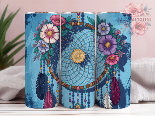 Boho Floral Dreamcatcher Hippie Tumbler, Floral Bohemian Wrap, 20Oz Skinny Tumbler, Dreamcatcher Sublimation Design, Boho Chic Drinkware, Feather Flower Tumbler, Hippie Style Wrap Sublimation Li Zamperini 