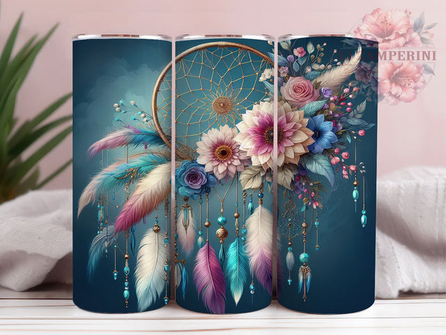 Boho Floral Dreamcatcher Hippie Tumbler, Floral Bohemian Wrap, 20Oz Skinny Tumbler, Dreamcatcher Sublimation Design, Boho Chic Drinkware, Feather Flower Tumbler, Hippie Style Wrap Sublimation Li Zamperini 