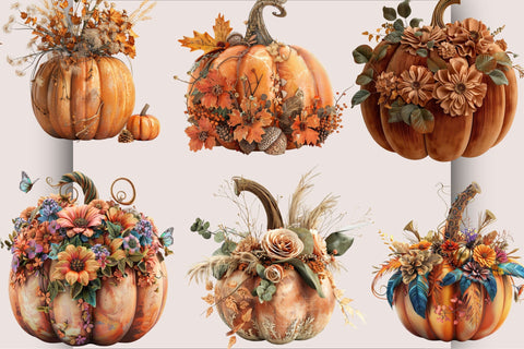 Boho Floral Fall Pumpkin Clipart PNG Set Bundle. Sublimation SVGArt 