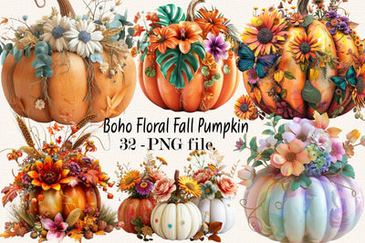 Boho Floral Fall Pumpkin Clipart PNG Set Bundle. Sublimation SVGArt 