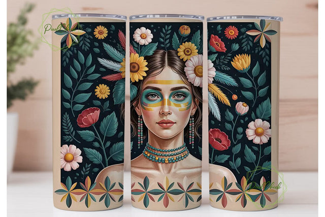 Boho Floral Headdress 20oz Tumbler Wrap Sublimation PixelChick 