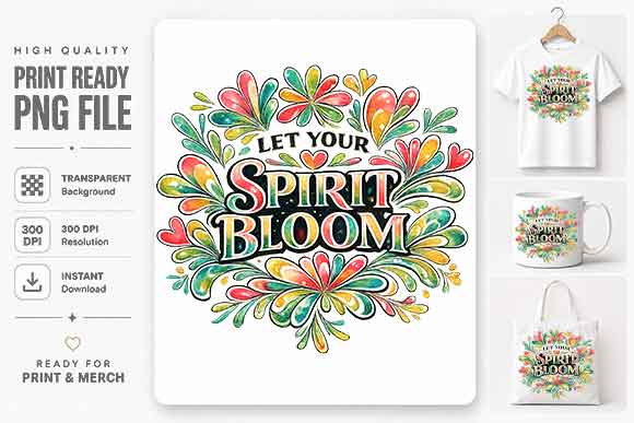 Boho Floral Motivational Quote PNG | Let Your Spirit Bloom Sublimation Design SVG BillahCrafts 