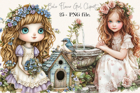 Boho Flower Girl Clipart Bundle. Sublimation SVGArt 