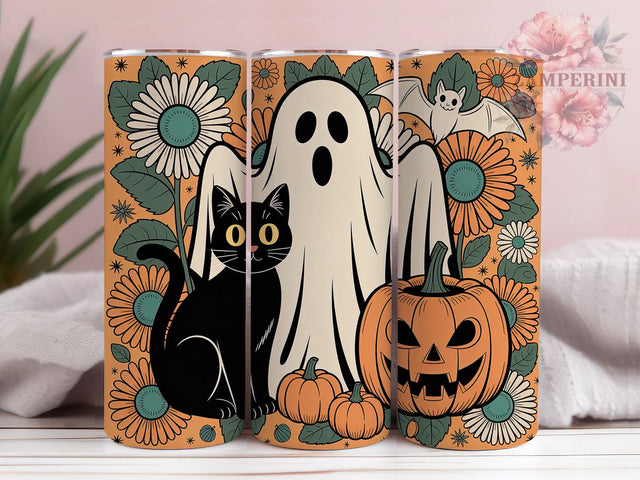 Boho Ghost & Black Cat Halloween Tumbler, Black Cat Halloween Cup, Floral Spooky Wrap, 20Oz Sublimation Design, Bohemian Halloween Mug, Autumn Cat Drinkware, Witchy Floral Tumbler Sublimation Li Zamperini 