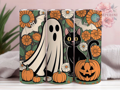Boho Ghost & Black Cat Halloween Tumbler, Black Cat Halloween Cup, Floral Spooky Wrap, 20Oz Sublimation Design, Bohemian Halloween Mug, Autumn Cat Drinkware, Witchy Floral Tumbler Sublimation Li Zamperini 