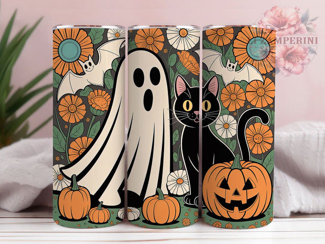 Boho Ghost & Black Cat Halloween Tumbler, Black Cat Halloween Cup, Floral Spooky Wrap, 20Oz Sublimation Design, Bohemian Halloween Mug, Autumn Cat Drinkware, Witchy Floral Tumbler Sublimation Li Zamperini 
