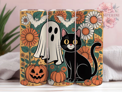 Boho Ghost & Black Cat Halloween Tumbler, Black Cat Halloween Cup, Floral Spooky Wrap, 20Oz Sublimation Design, Bohemian Halloween Mug, Autumn Cat Drinkware, Witchy Floral Tumbler Sublimation Li Zamperini 