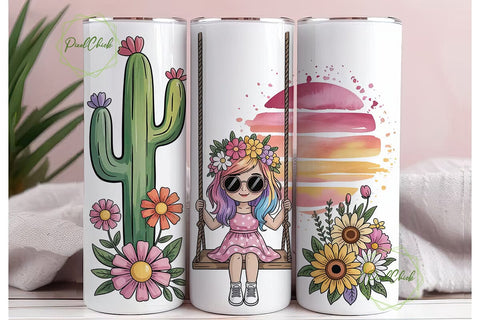 Boho Girl on Swing 20oz Tumbler Wrap Sublimation PixelChick 
