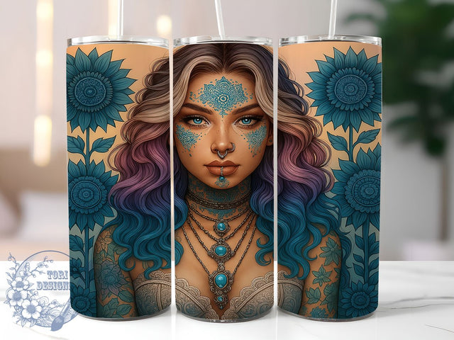 Boho Goddess Sunflower Tumbler, Sunflower Wrap Design, Dual-Tone Hair Tumbler, 20oz Sublimation PNG, Boho Mom Tumbler, Flower Power Tumbler, Sunflower Goddess Cup Sublimation ToriDesigns 