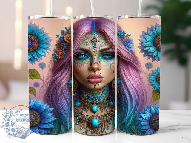 Boho Goddess Sunflower Tumbler, Sunflower Wrap Design, Dual-Tone Hair Tumbler, 20oz Sublimation PNG, Boho Mom Tumbler, Flower Power Tumbler, Sunflower Goddess Cup Sublimation ToriDesigns 